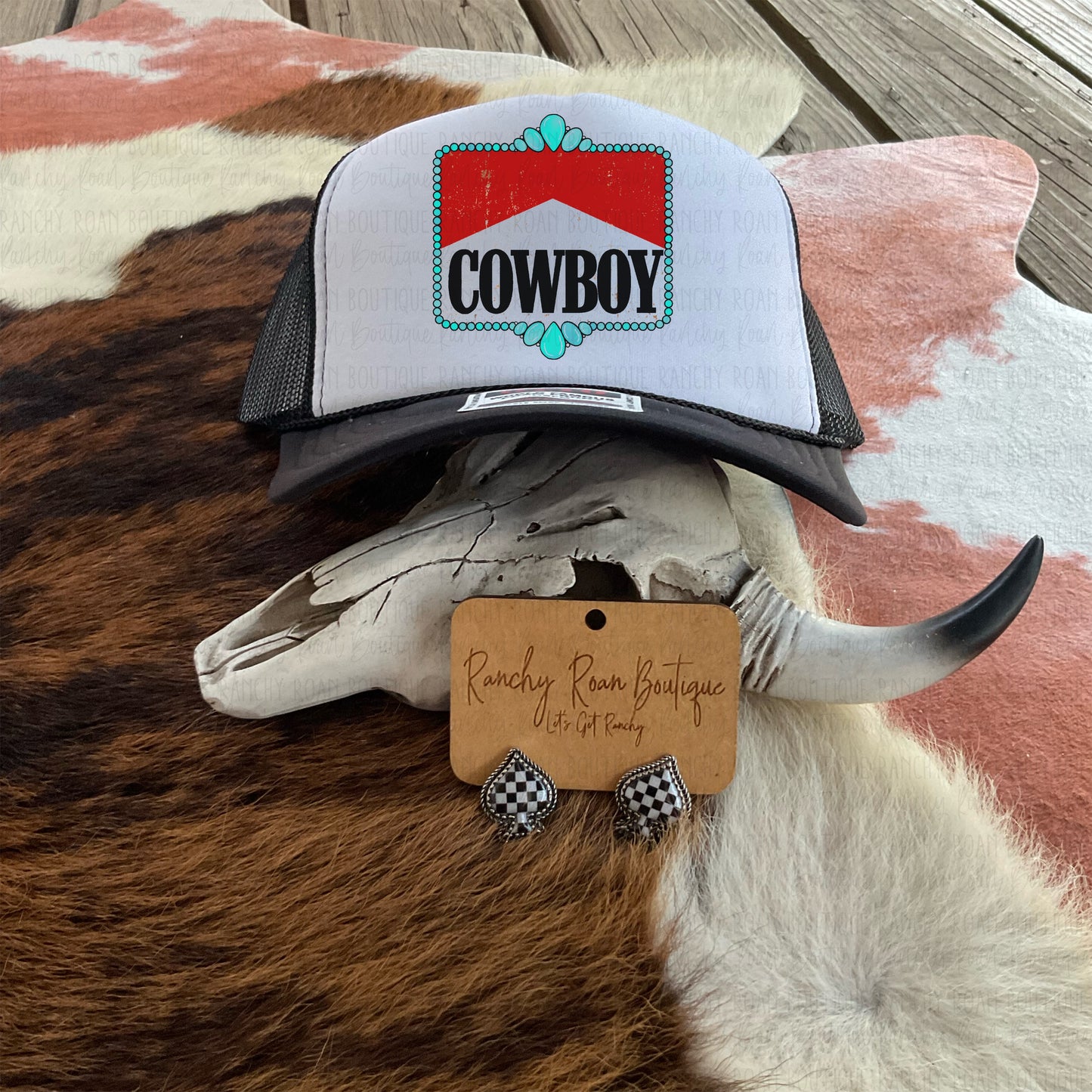Western foam trucker hat featuring a sublimation “Cowboy” graphic, breathable mesh back, and adjustable snapback closure, ideal for boutique owners.