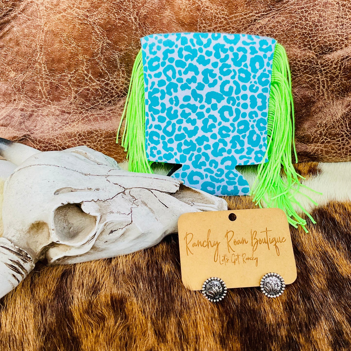Neon Turquoise Leopard Western Fringe Koozie