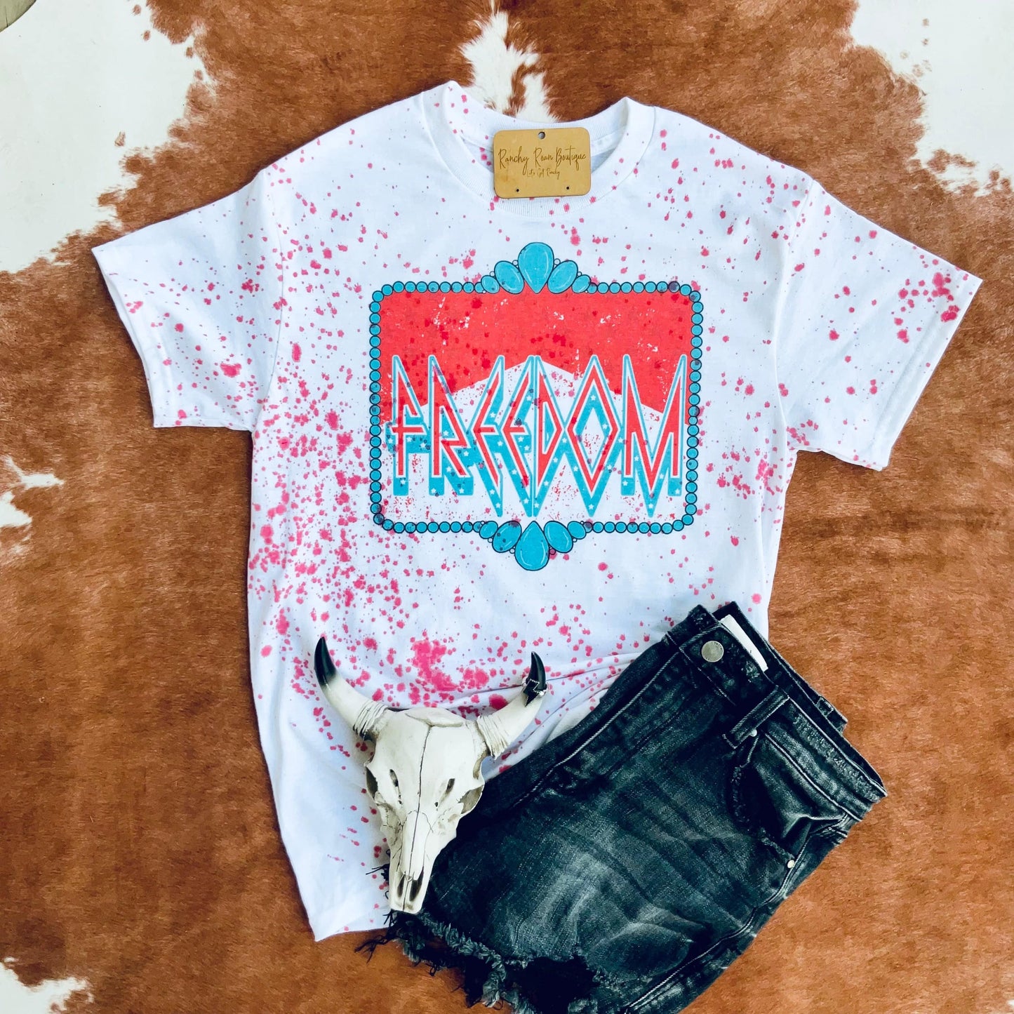 Distressed Turquoise Freedom Retro Western Graphic Tshirt - Ranchy Roan Boutique