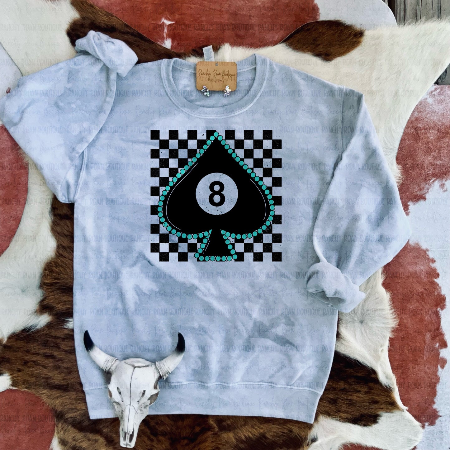 Turquoise Spade 8 Ball Checkered Dyed Western Graphic Sweatshirt