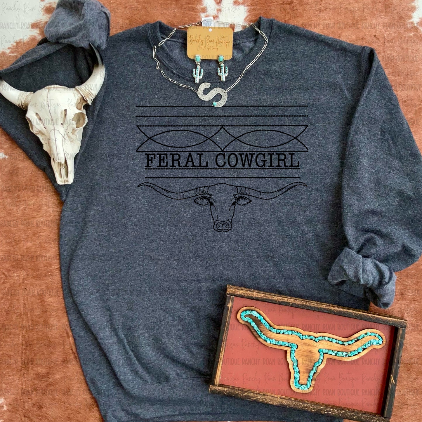Feral Cowgirl Boot Stitch Longhorn Western Sweatshirt