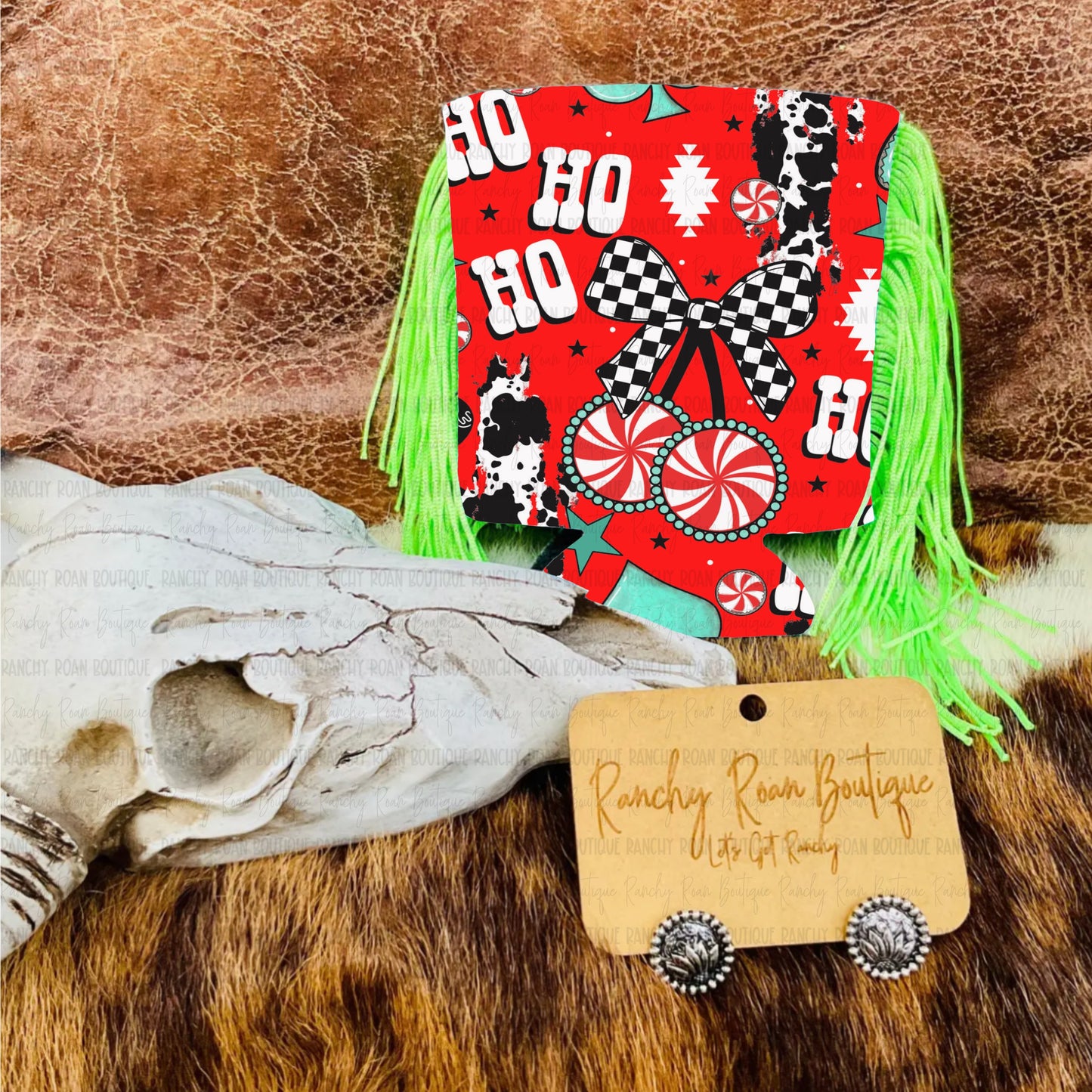 Cowprint Christmas Fringe Koozie