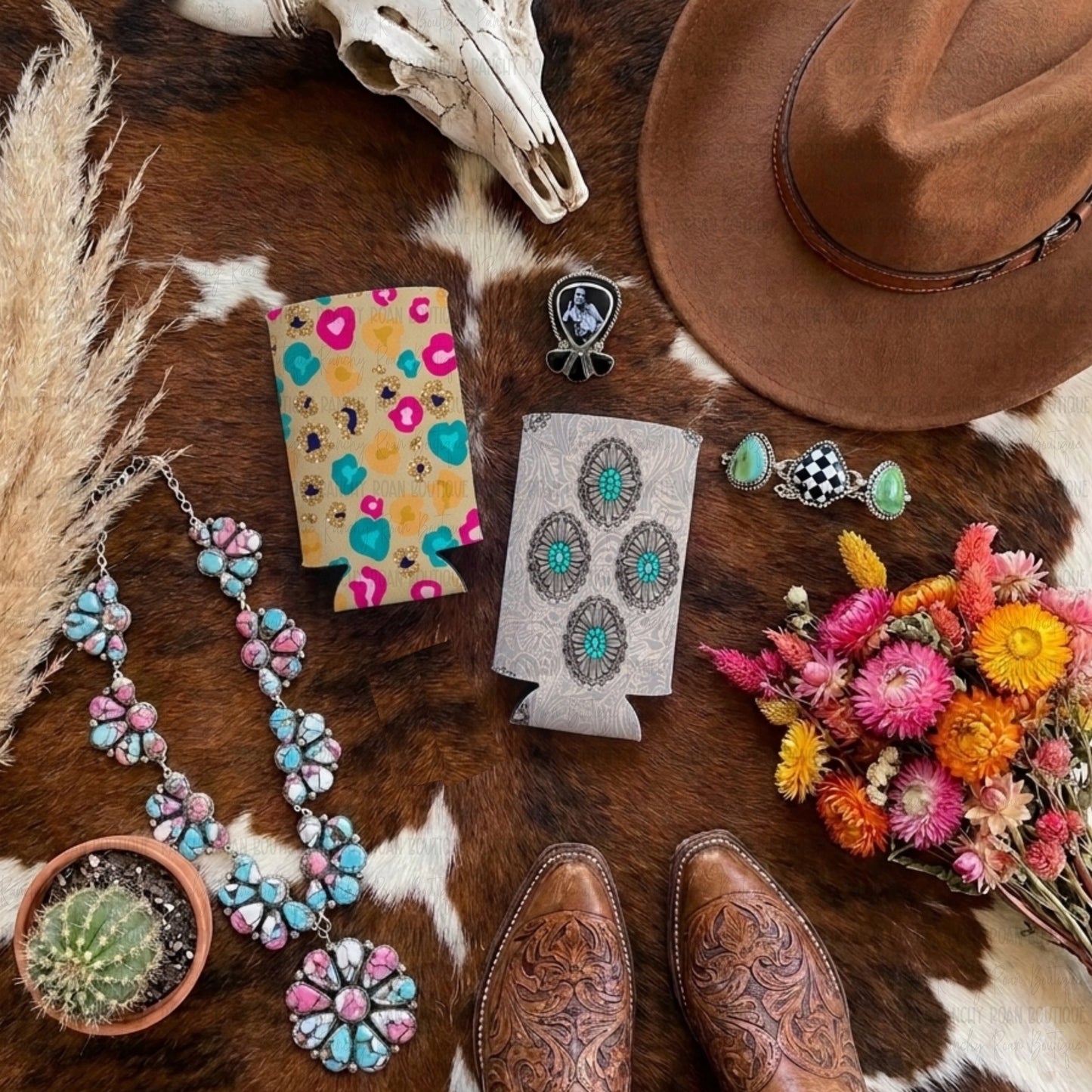 Leopard Glam Heart Concho Western Koozie