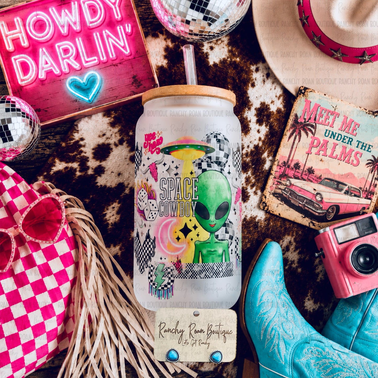 Space Cowboy Western Graphic Frosted Glass Tumbler