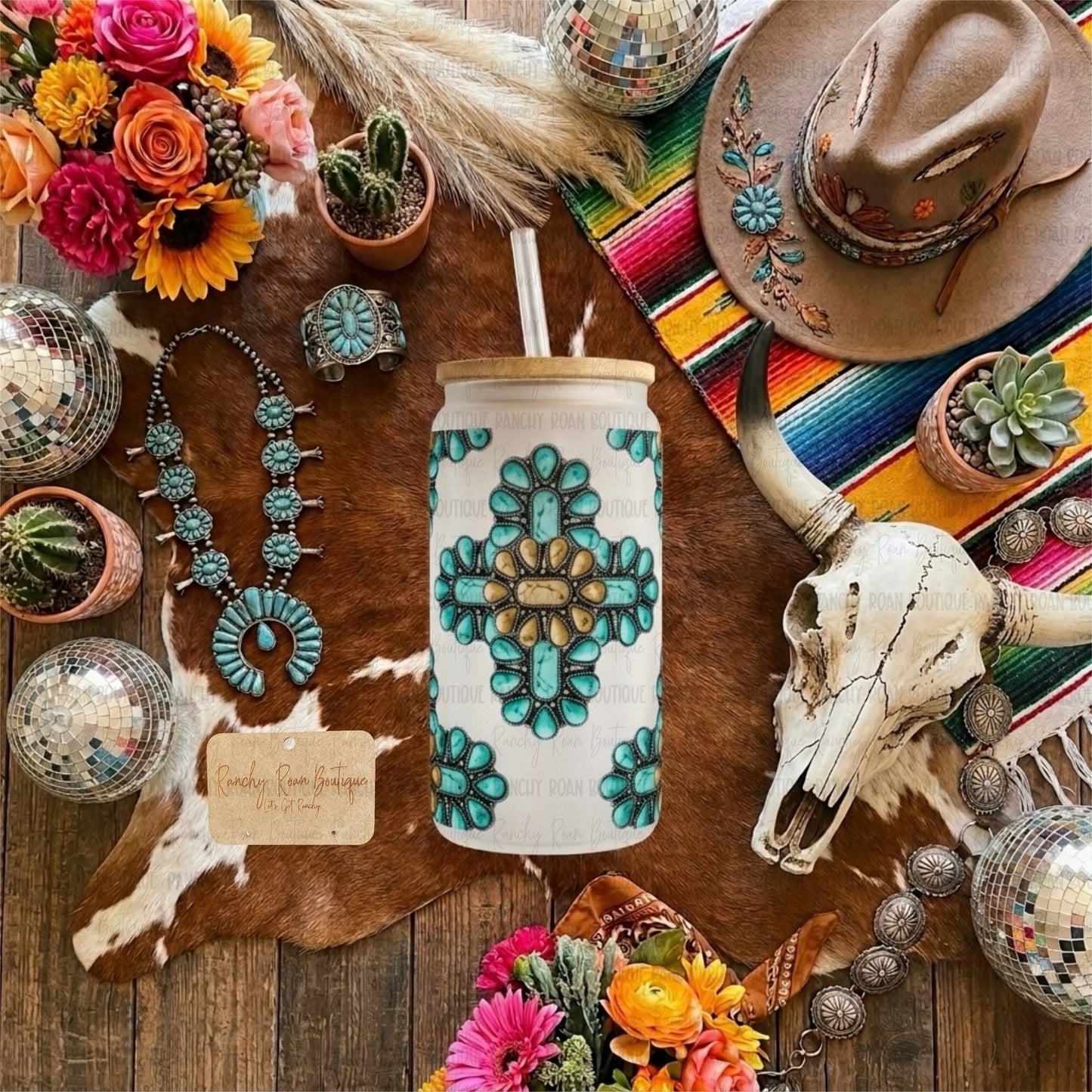 Turquoise Cross Western Graphic Frosted Glass Tumbler