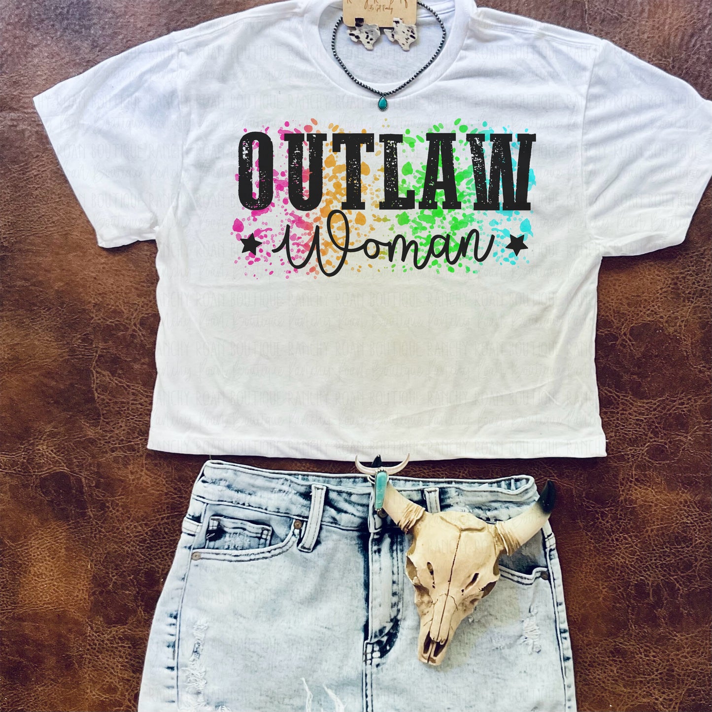 Outlaw Woman Neon Western Crop Tshirt - Ranchy Roan Boutique