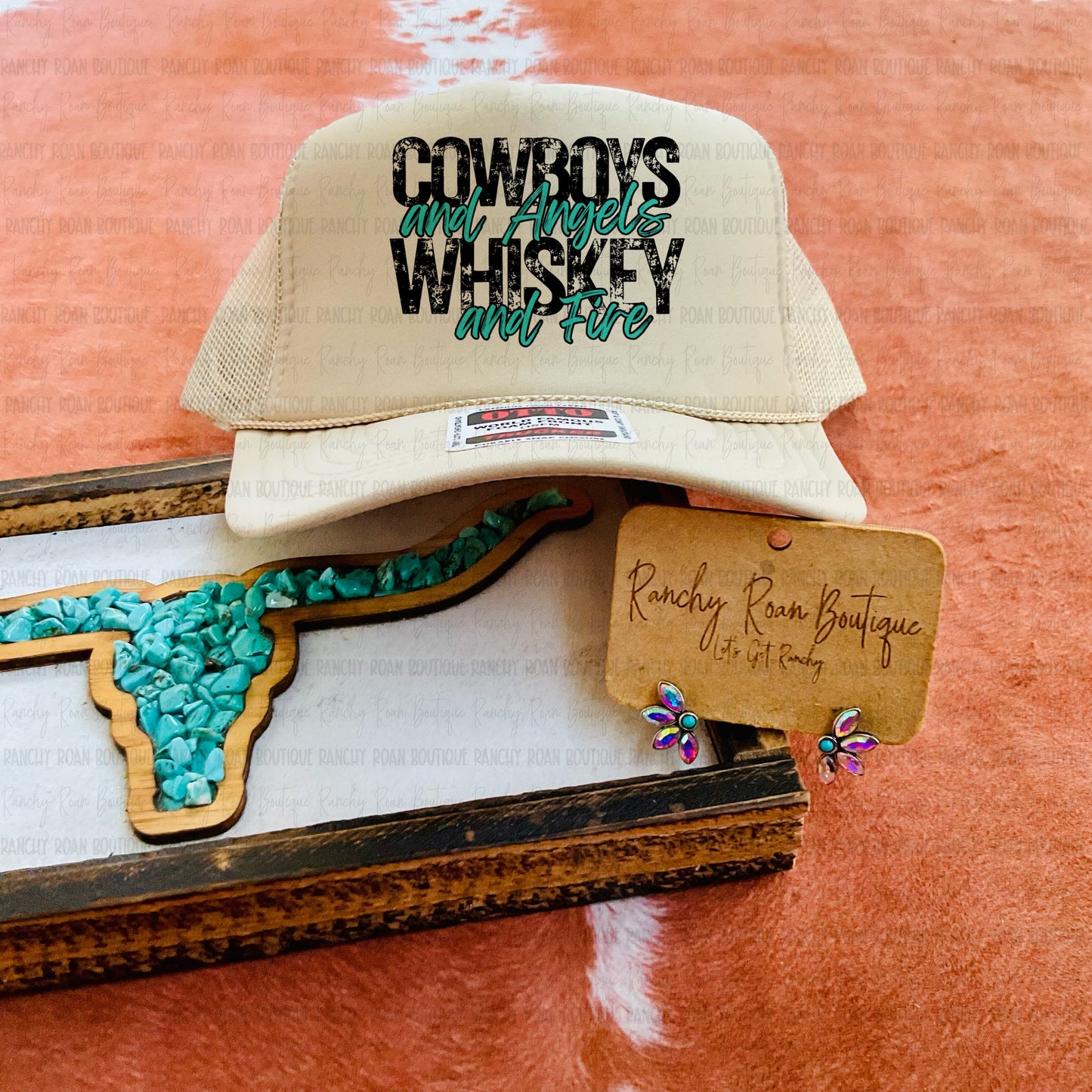 Cowboys and Angels Whiskey and Fire Western Trucker Hat