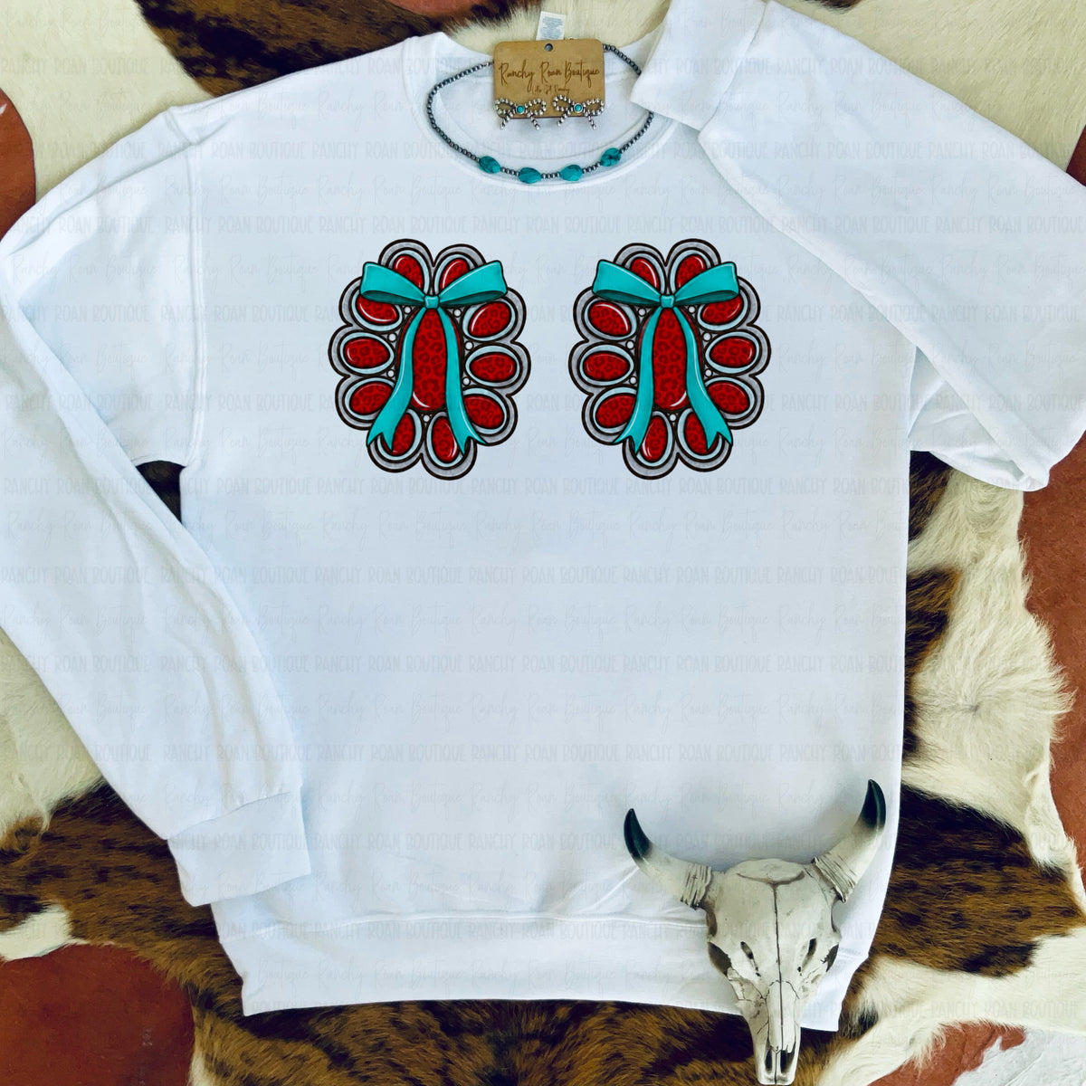 Red Leopard Concho Bow Western Graphic Sweatshirt