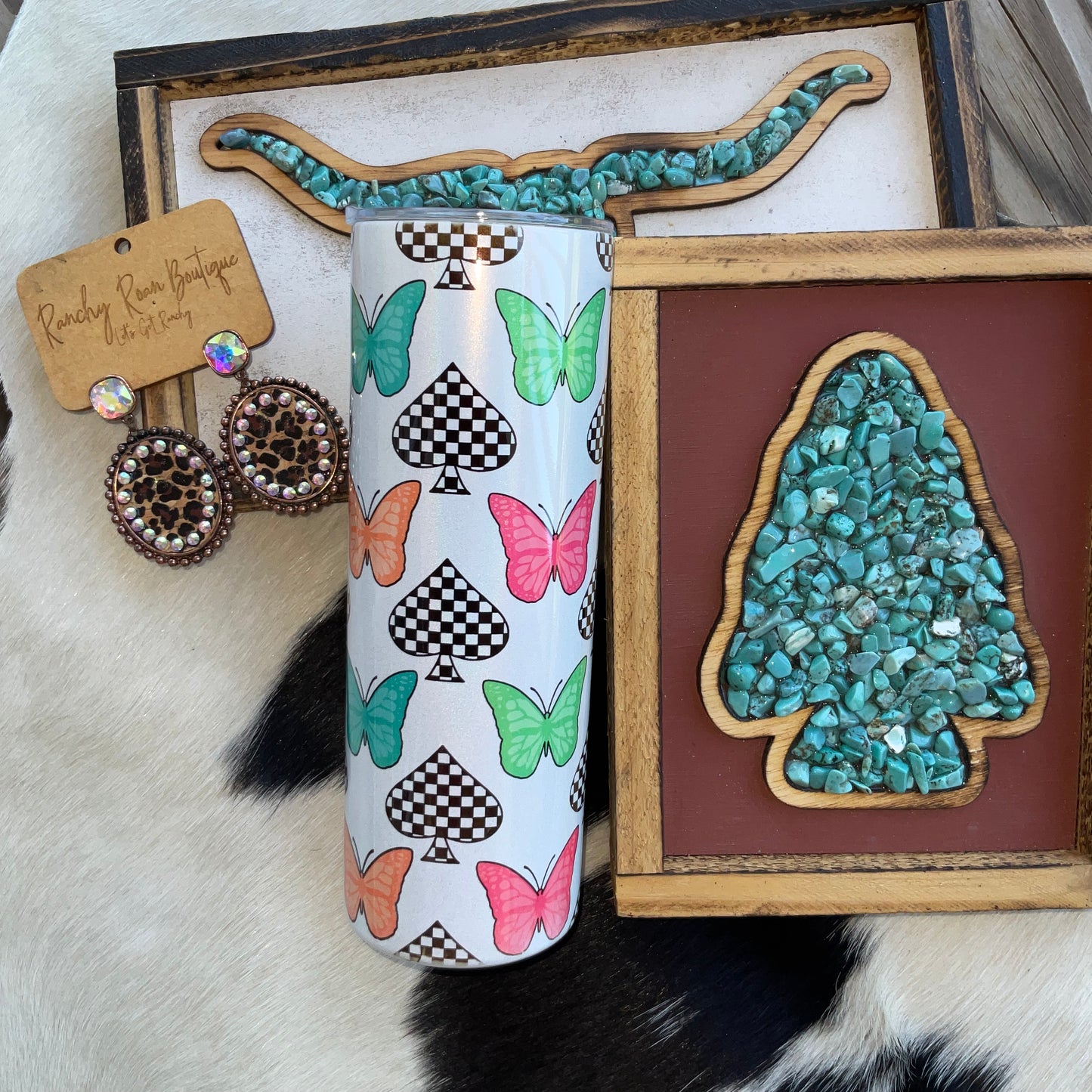 Retro Checked Butterfly Western 20oz Skinny Shimmer Tumbler - Ranchy Roan Boutique