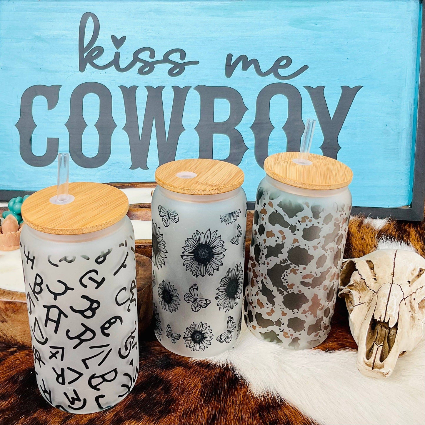 Brown and Black Cowhide Frosted Glass 16 oz Western Tumbler - Ranchy Roan Boutique