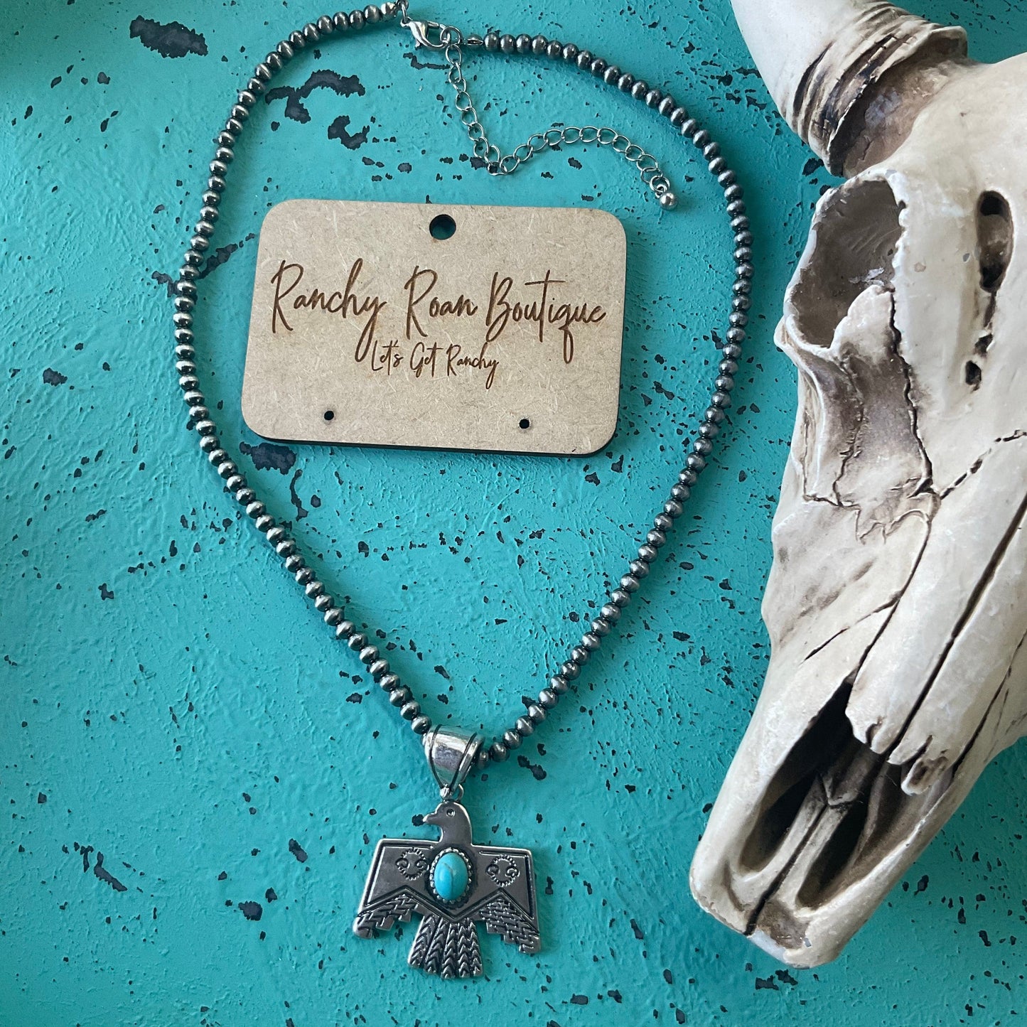 Turquoise Thunderbird Navajo Style Pearl Necklace - Ranchy Roan Boutique