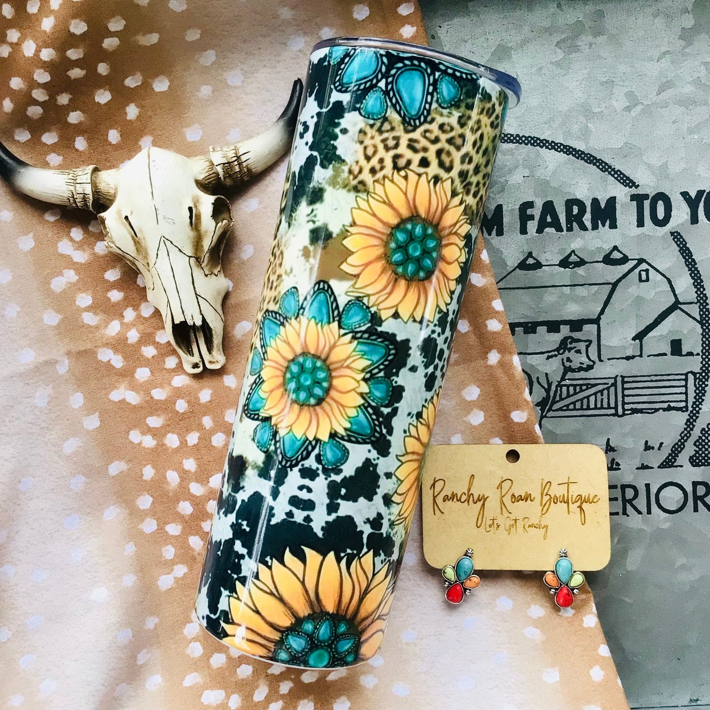 Sunflower Gemstone Cow print 20oz Skinny Tumbler - Ranchy Roan Boutique
