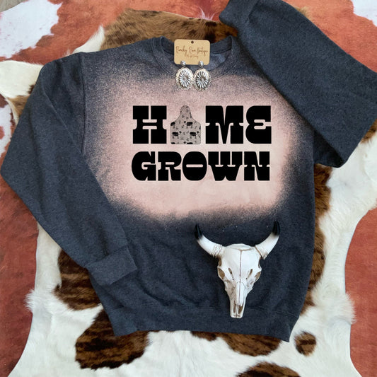 Home_Grown_Rustic_Bleach_Splatter_Crewneck: Front view of the Home Grown crewneck featuring a bold statement design with a unique bleach splatter effect