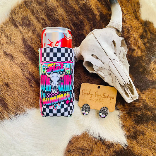 Slim can cooler with Hot Cowgirl Summer graphic, cow skull design, and checkered pattern.