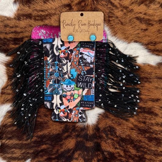 Western Vibes Stay Wild Rhinestone Fringe Koozie