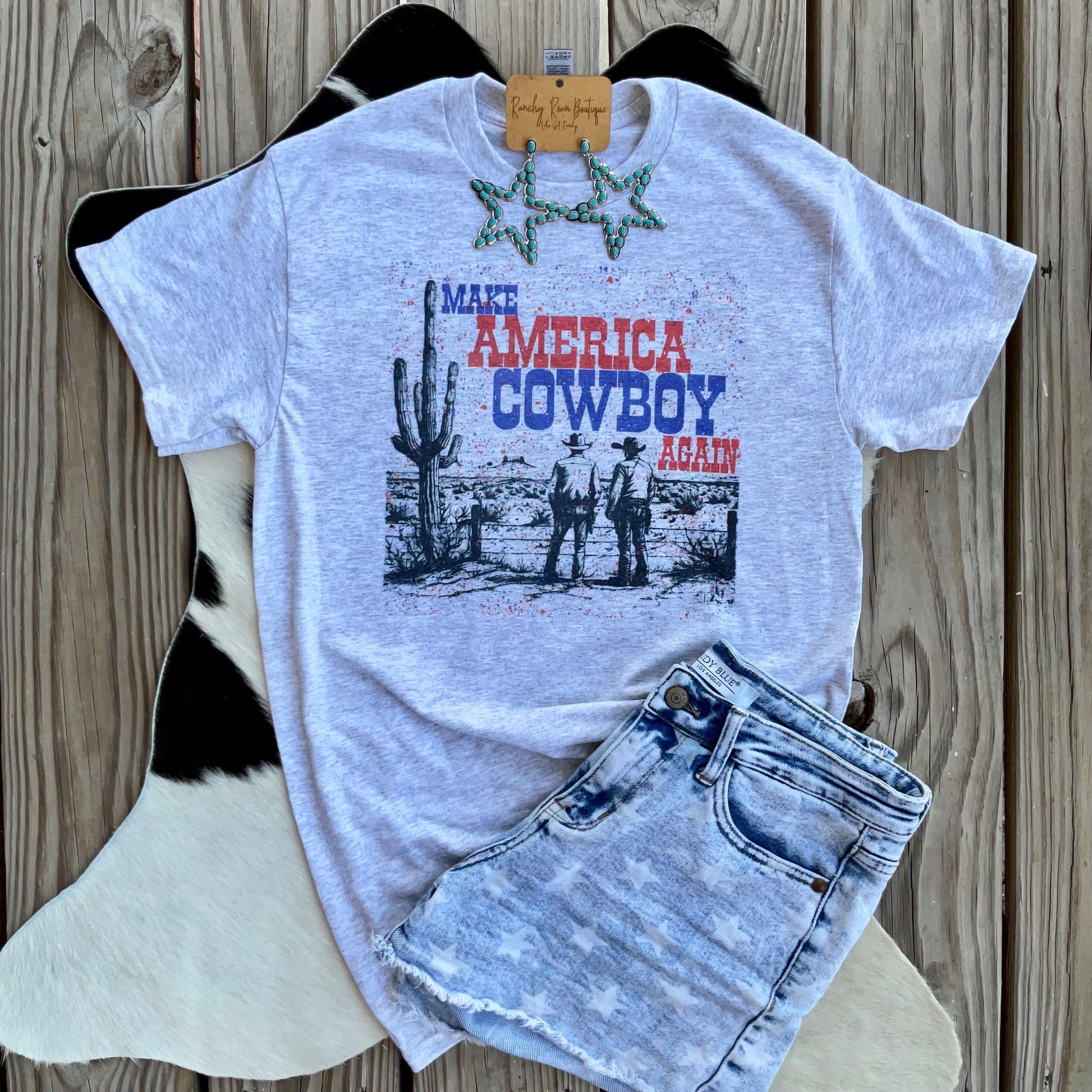 Make America Cowboy Again Distressed Western Tee - Ranchy Roan Boutique 