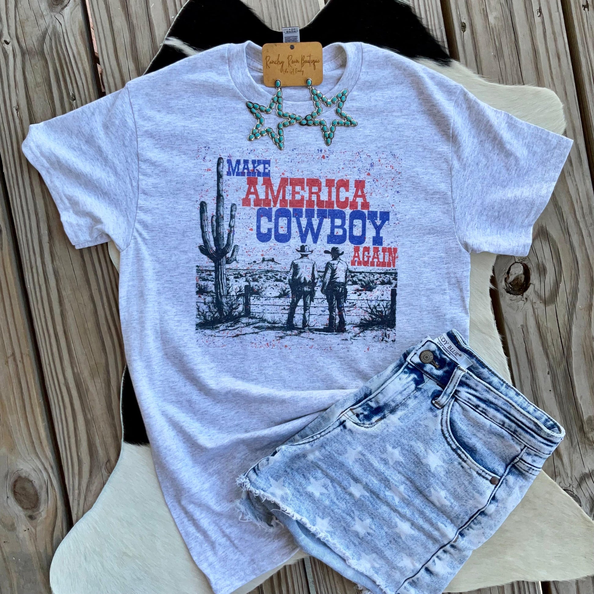 Make America Cowboy Again Distressed Western Tee - Ranchy Roan Boutique 