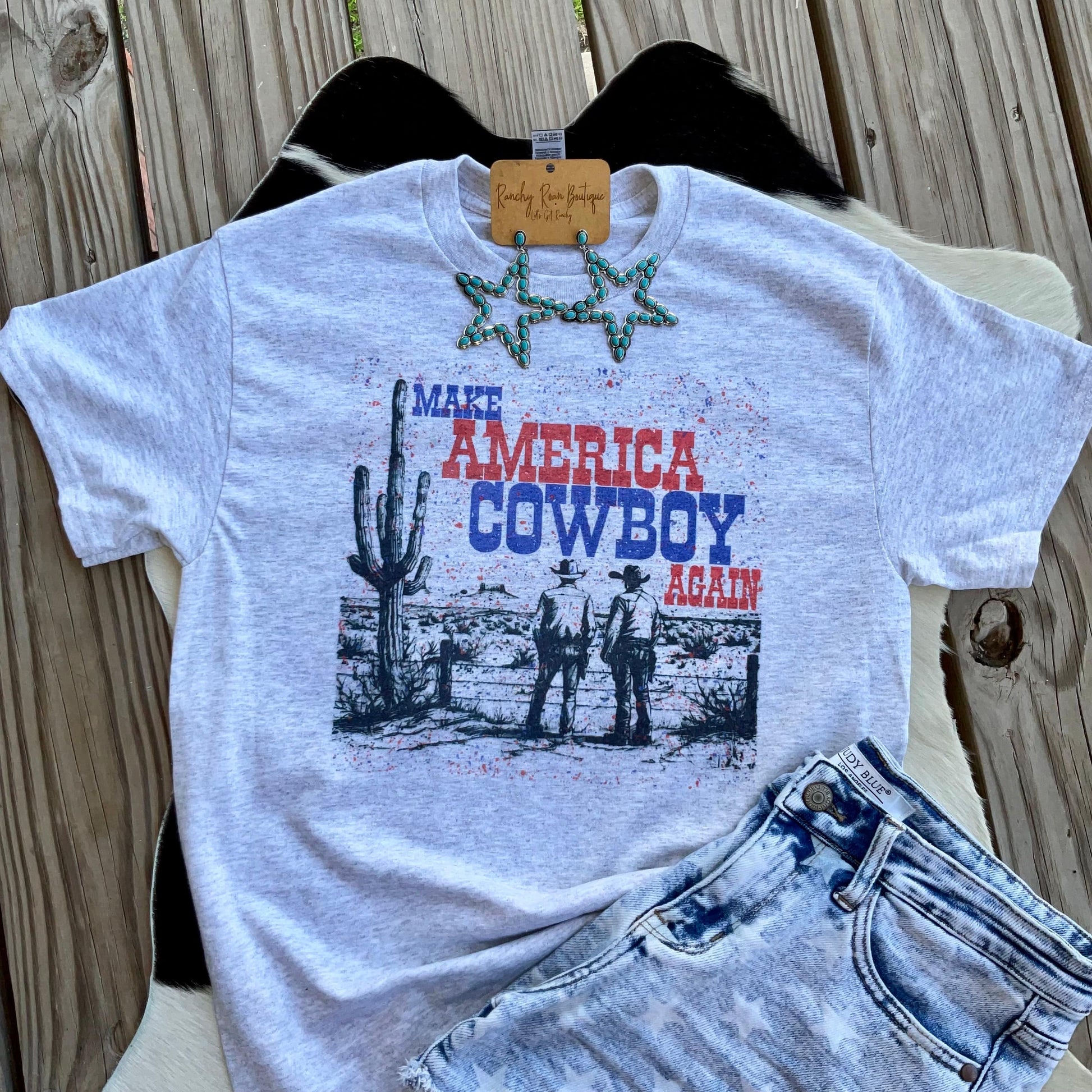 Make America Cowboy Again Distressed Western Tee - Ranchy Roan Boutique 