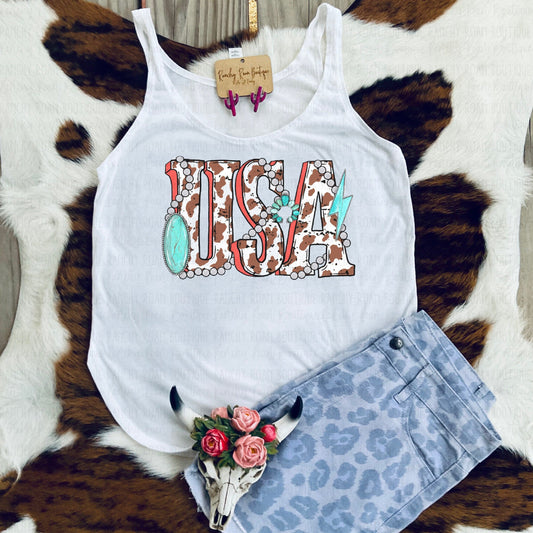 Western U.S.A Cow Print Tank - Ranchy Roan Boutique 