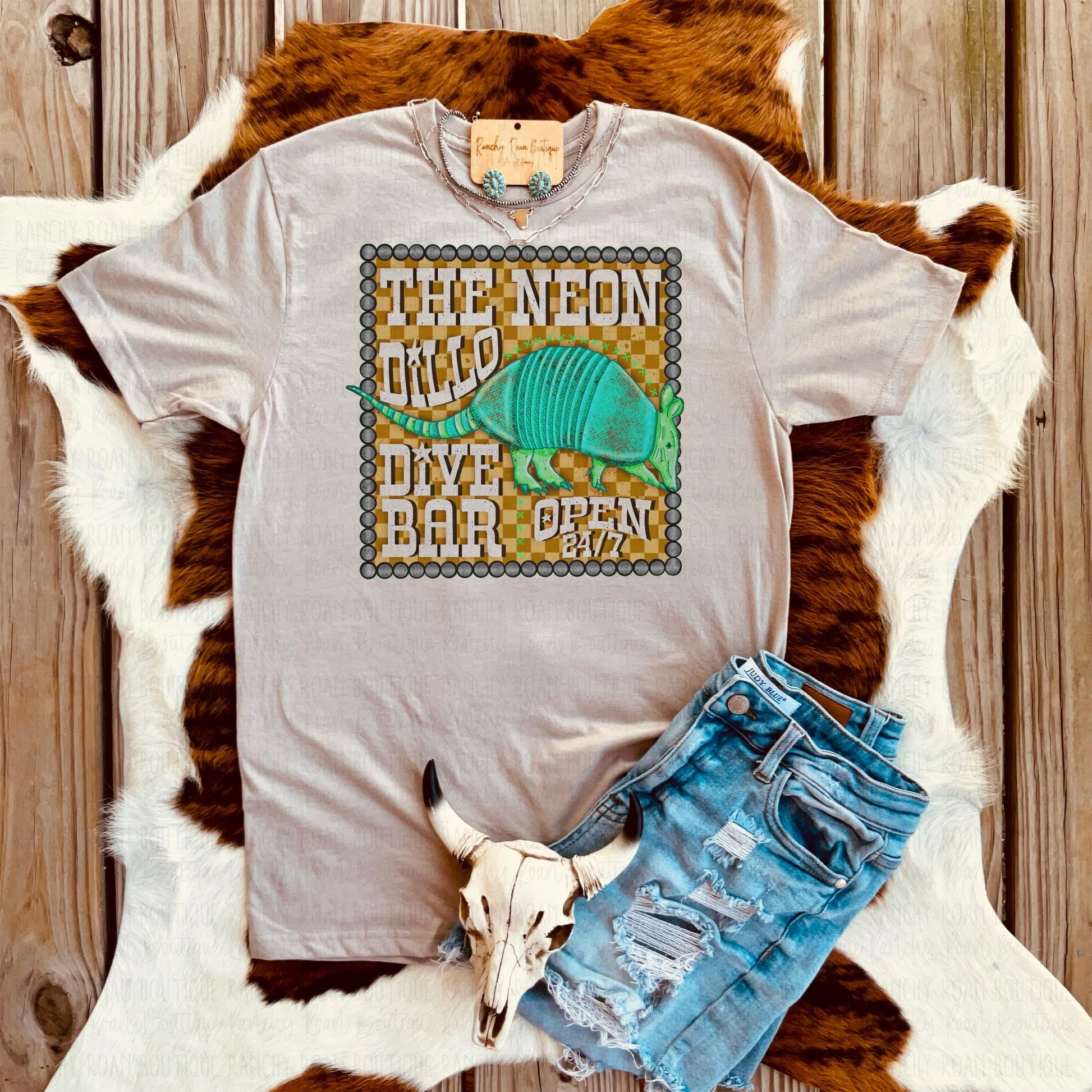 Neon Dillo Dive Bar Western Graphic Tshirt - Ranchy Roan Boutique 