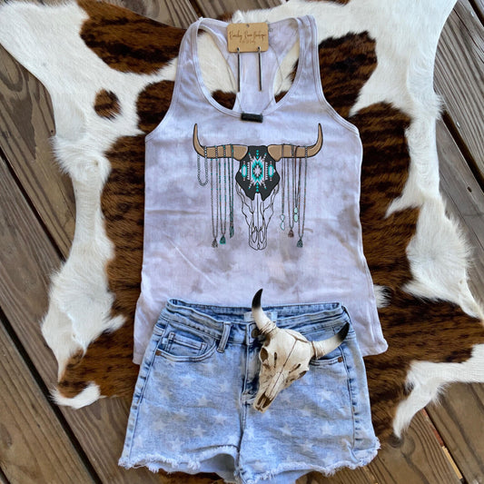 Boho Aztec Steer Skull Racerback Tank - Ranchy Roan Boutique 