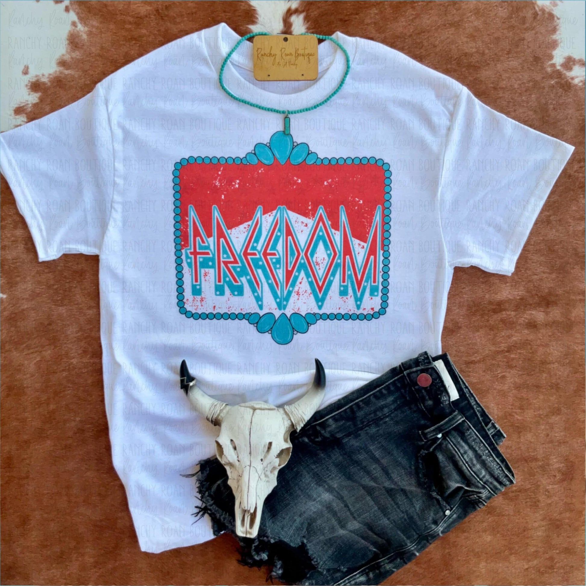 Turquoise Freedom Retro Western Graphic Tshirt - Ranchy Roan Boutique 