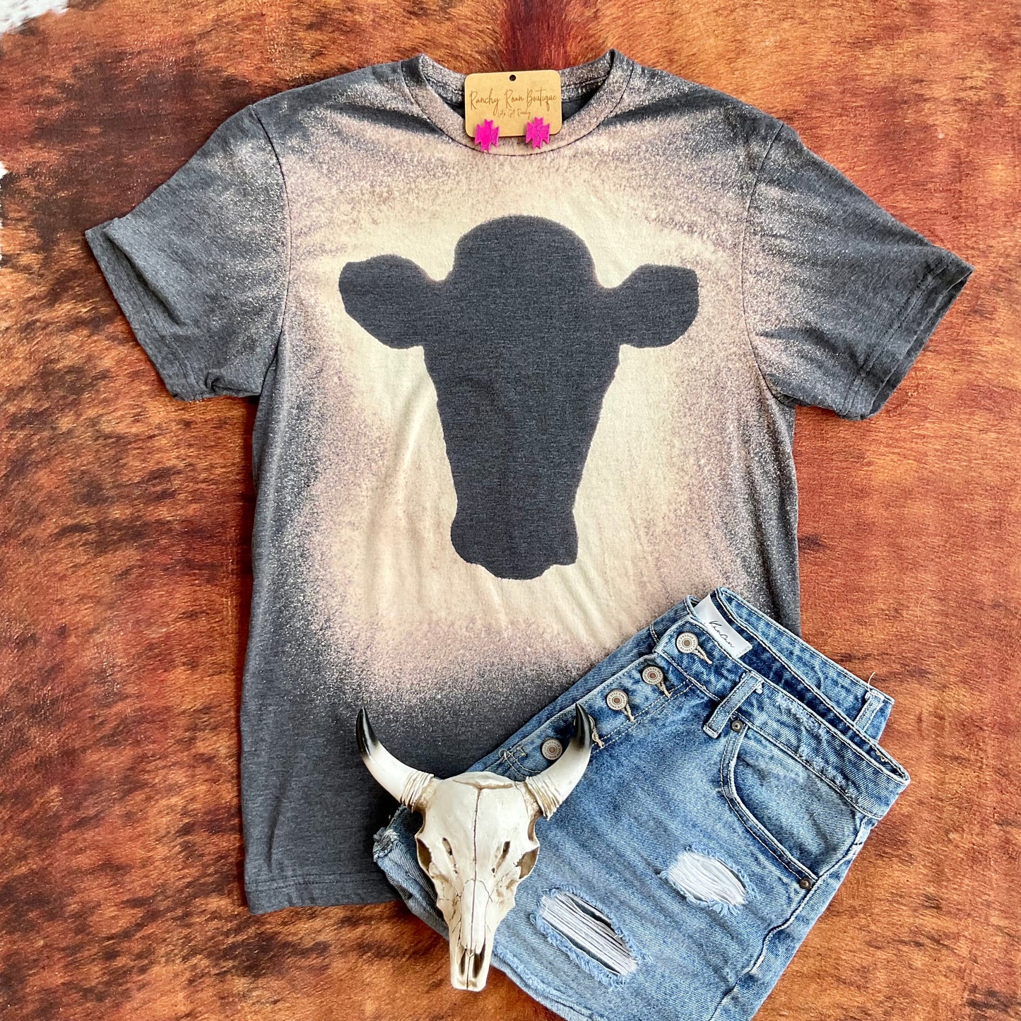 Steer Head Bleached Western Tee - Ranchy Roan Boutique 