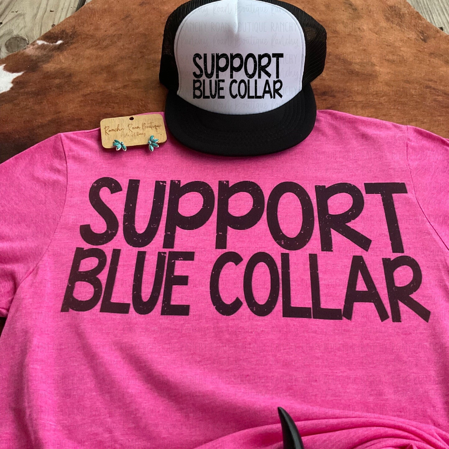 Support Blue Collar Western Foam Trucker Hat - Ranchy Roan Boutique 