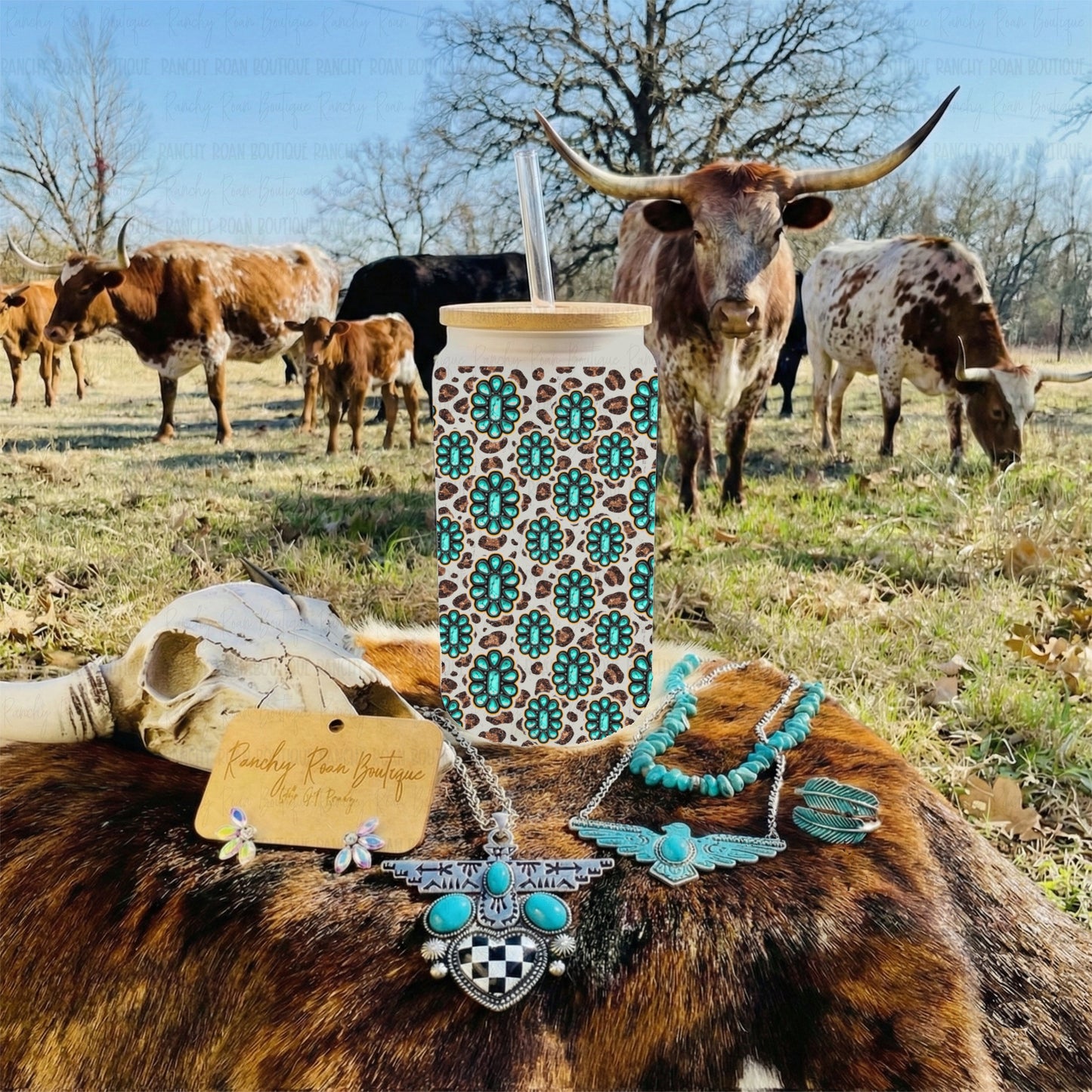 Turquoise Concho Leopard Western 16oz Frosted Glass Tumbler
