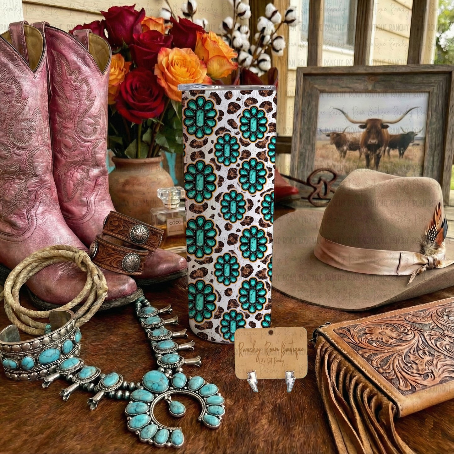 Turquoise Concho Leopard Western 20oz Skinny Tumbler