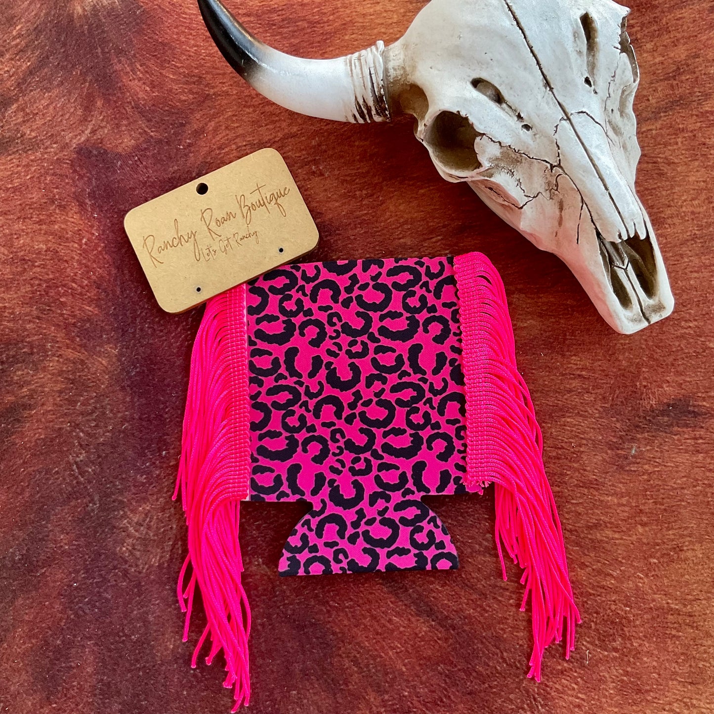 Leopard Print Pink  Ombré Fringe Koozie - Ranchy Roan Boutique 