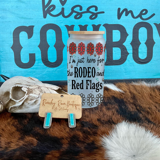 I’m Just Here for the Rodeo and Red Flags Frosted Glass Tumbler