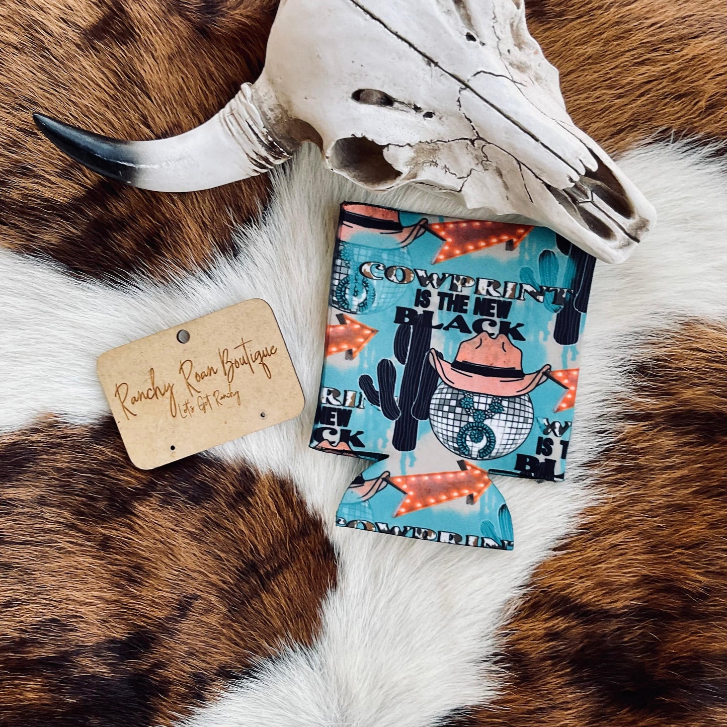 Cowprint is the New Black Western Koozie - Ranchy Roan Boutique 