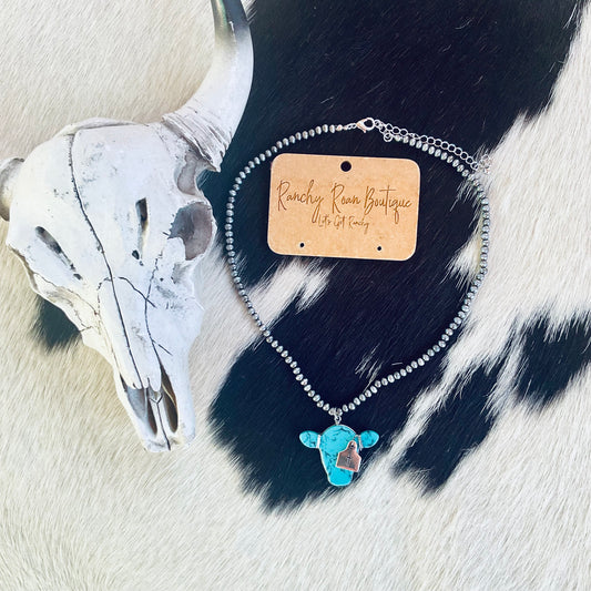 Western Turquoise Cow Head Pendant Necklace