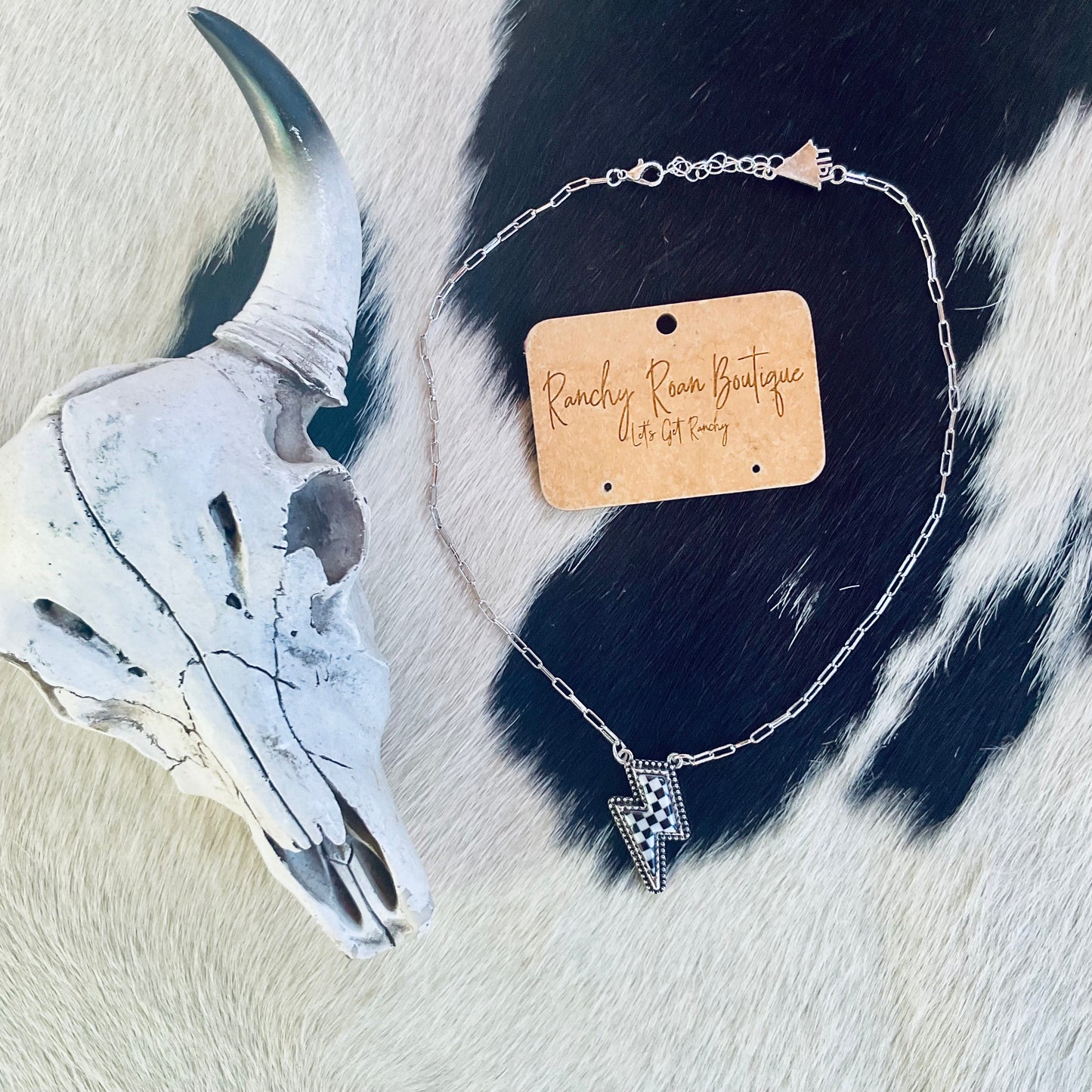Checker Pattern Thunder Bolt Western Necklace