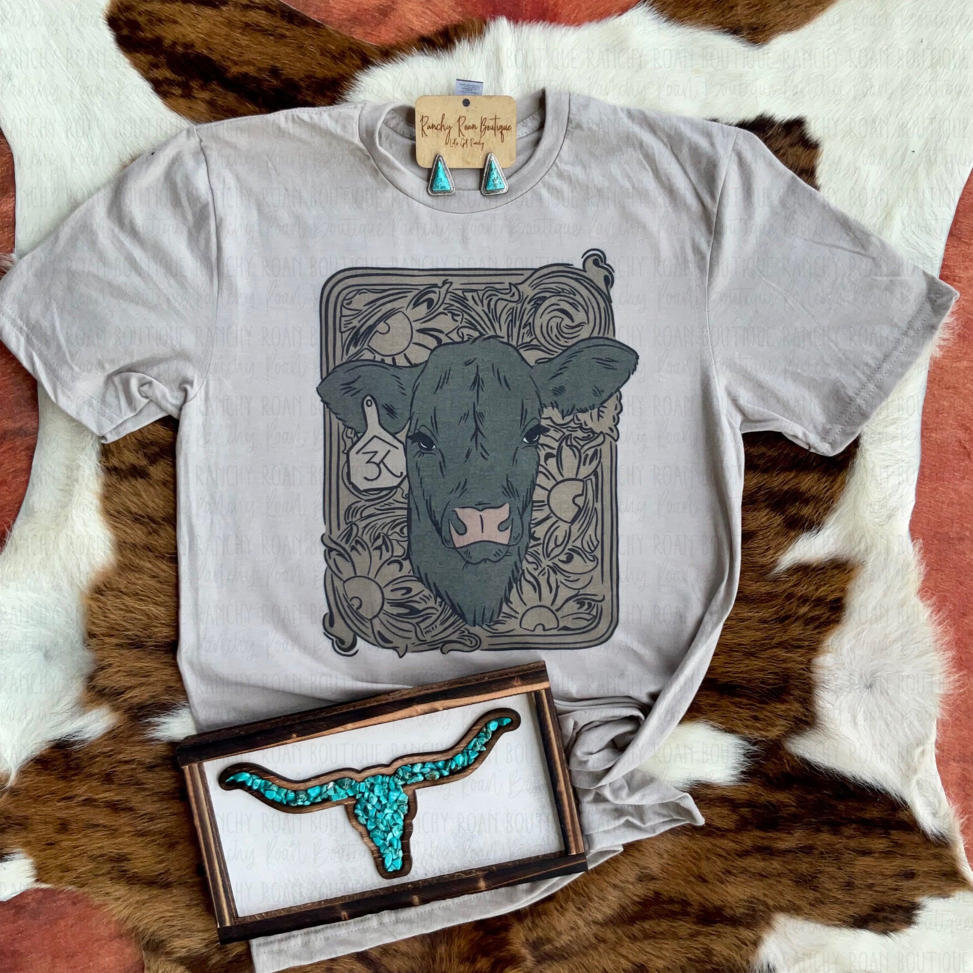 Tooled Leather Cow Tee - Ranchy Roan Boutique 