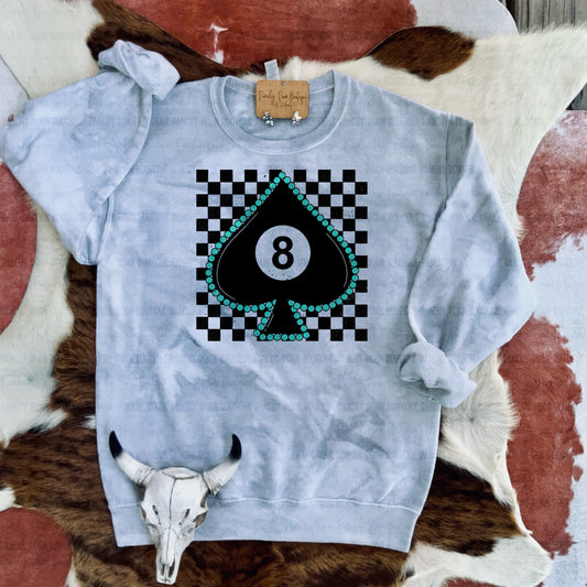 Turquoise Spade 8 Ball Checkered Dyed Western Graphic Sweatshirt