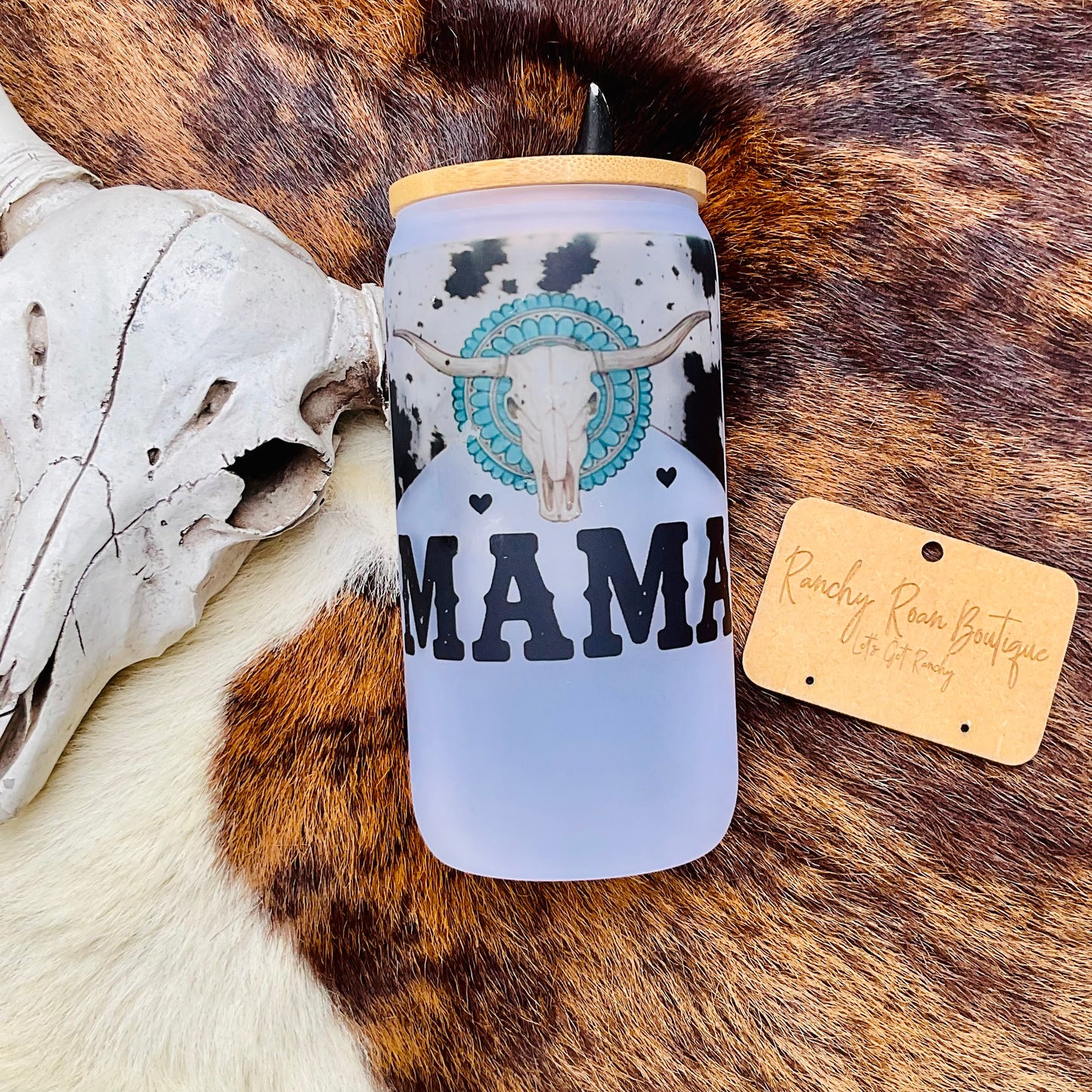 Mama Cowhide Western Skull Frosted Glass Tumbler