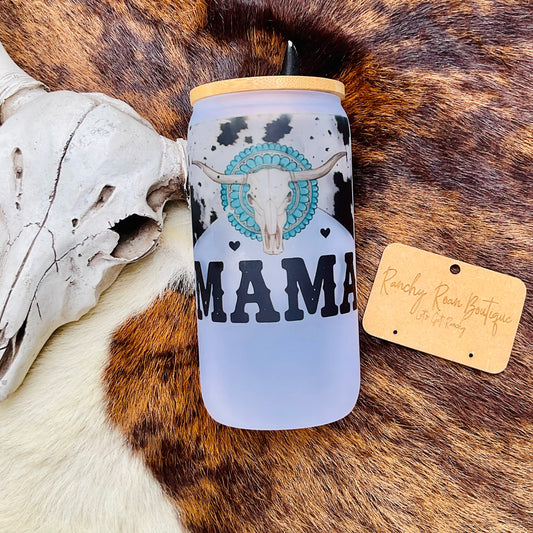 Mama Cowhide Western Skull Frosted Glass Tumbler