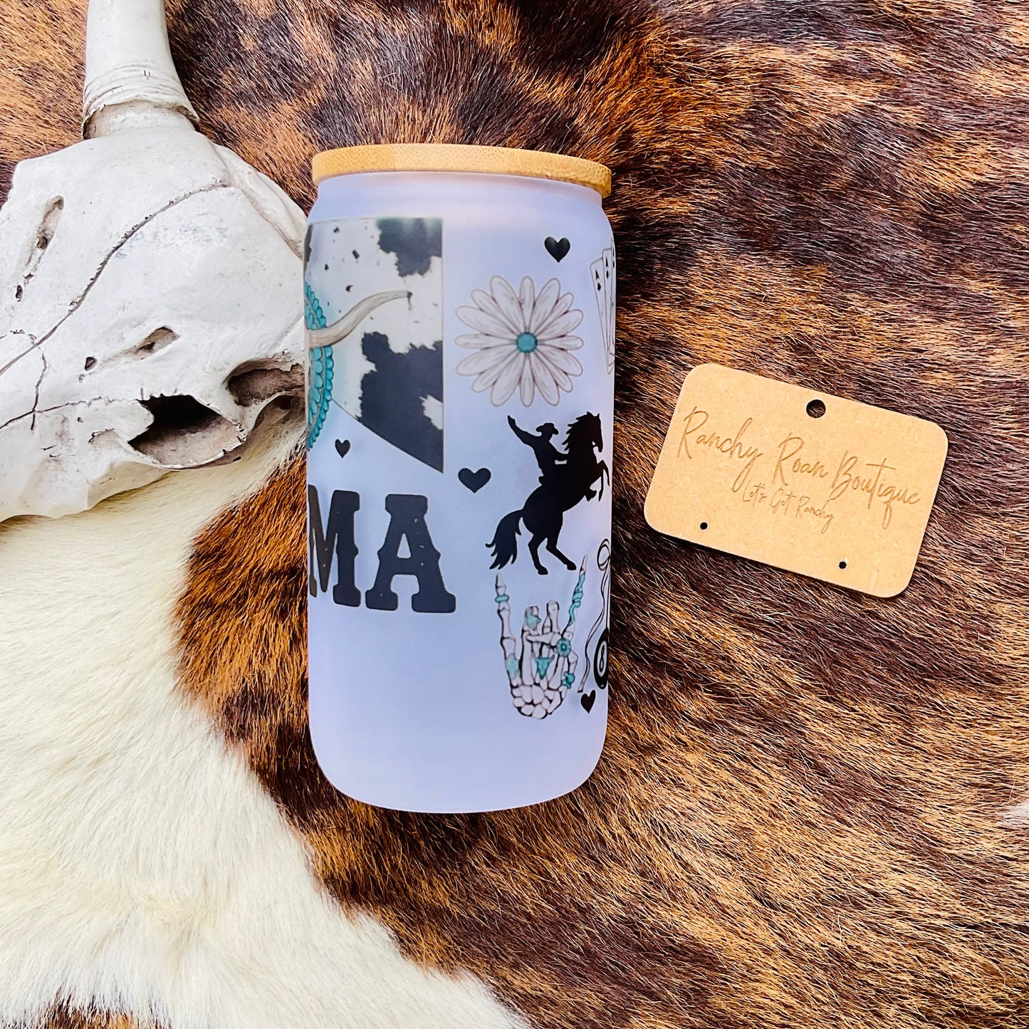 Mama Cowhide Western Skull Frosted Glass Tumbler