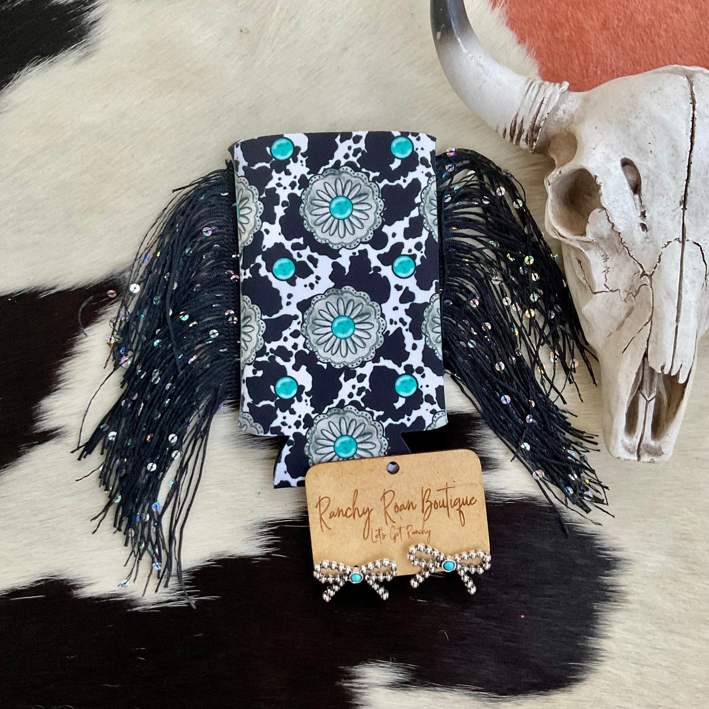 Turquoise Concho Cow Print Slim Black Fringe Koozie