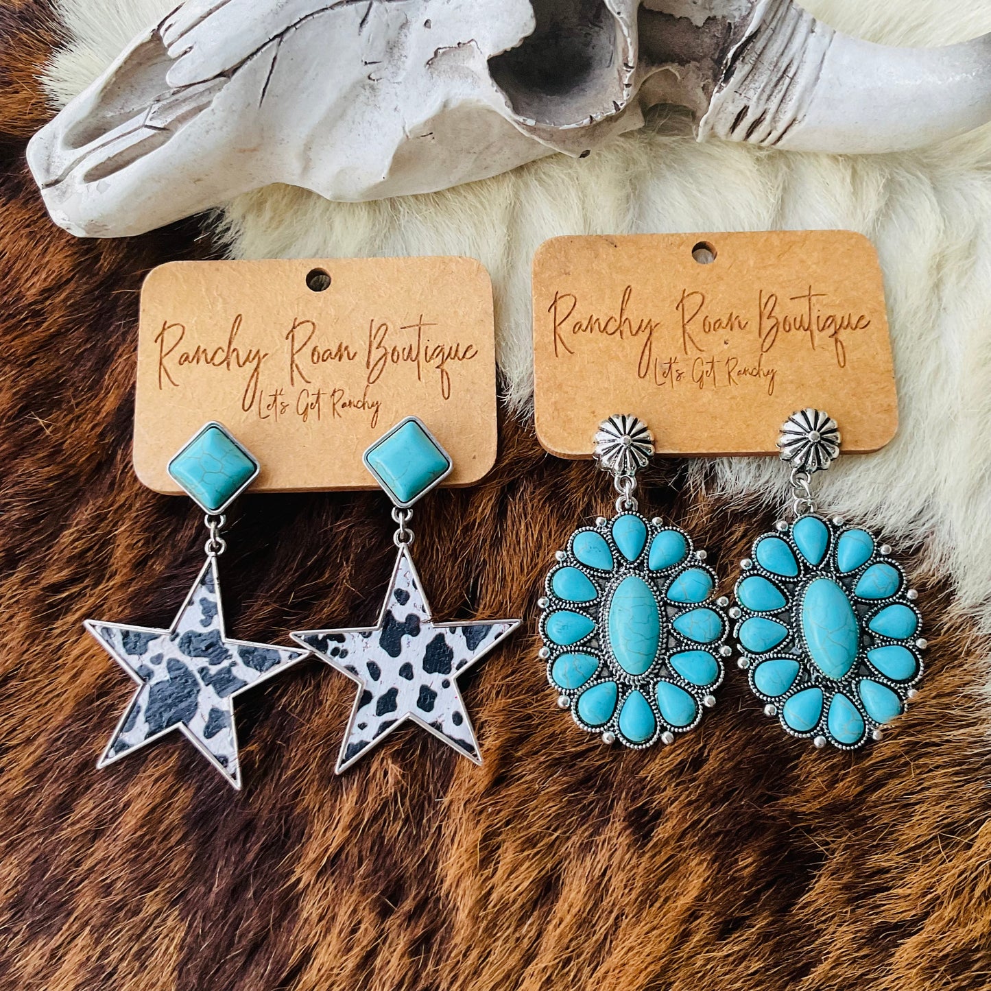 Cow Print Turquoise Star Stud Western Earrings