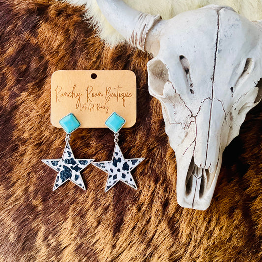 Cow Print Turquoise Star Stud Western Earrings
