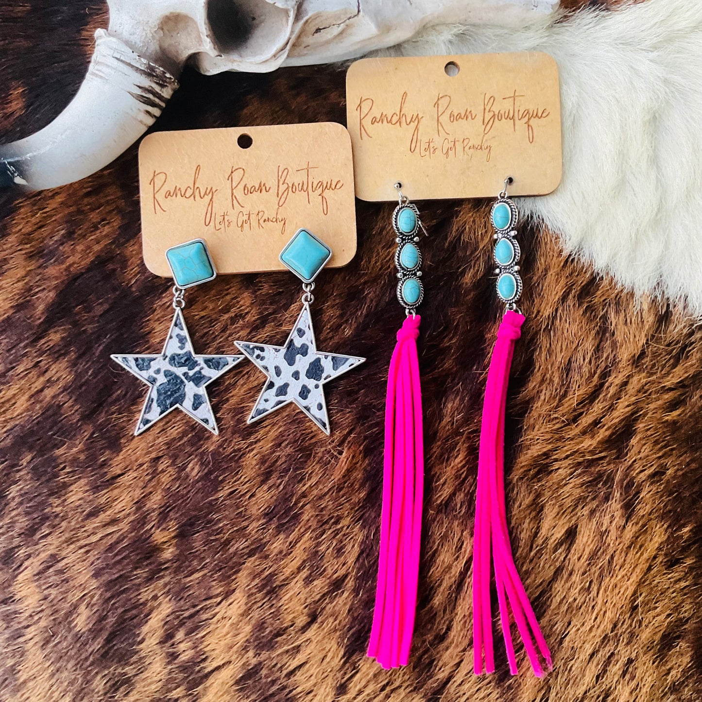 Turquoise Stone Pink Fringe Western Stud Earrings