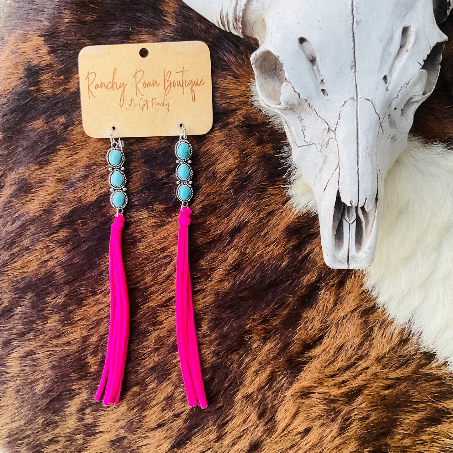 Turquoise Stone Pink Fringe Western Stud Earrings