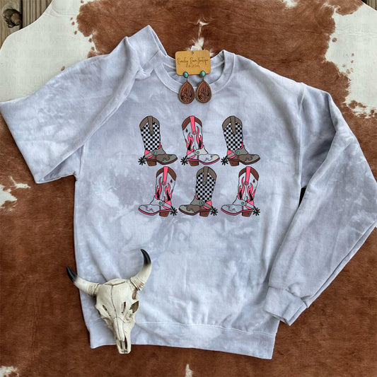 Retro Boho Cowgirl Boots Western Dyed Sweatshirt - Ranchy Roan Boutique 