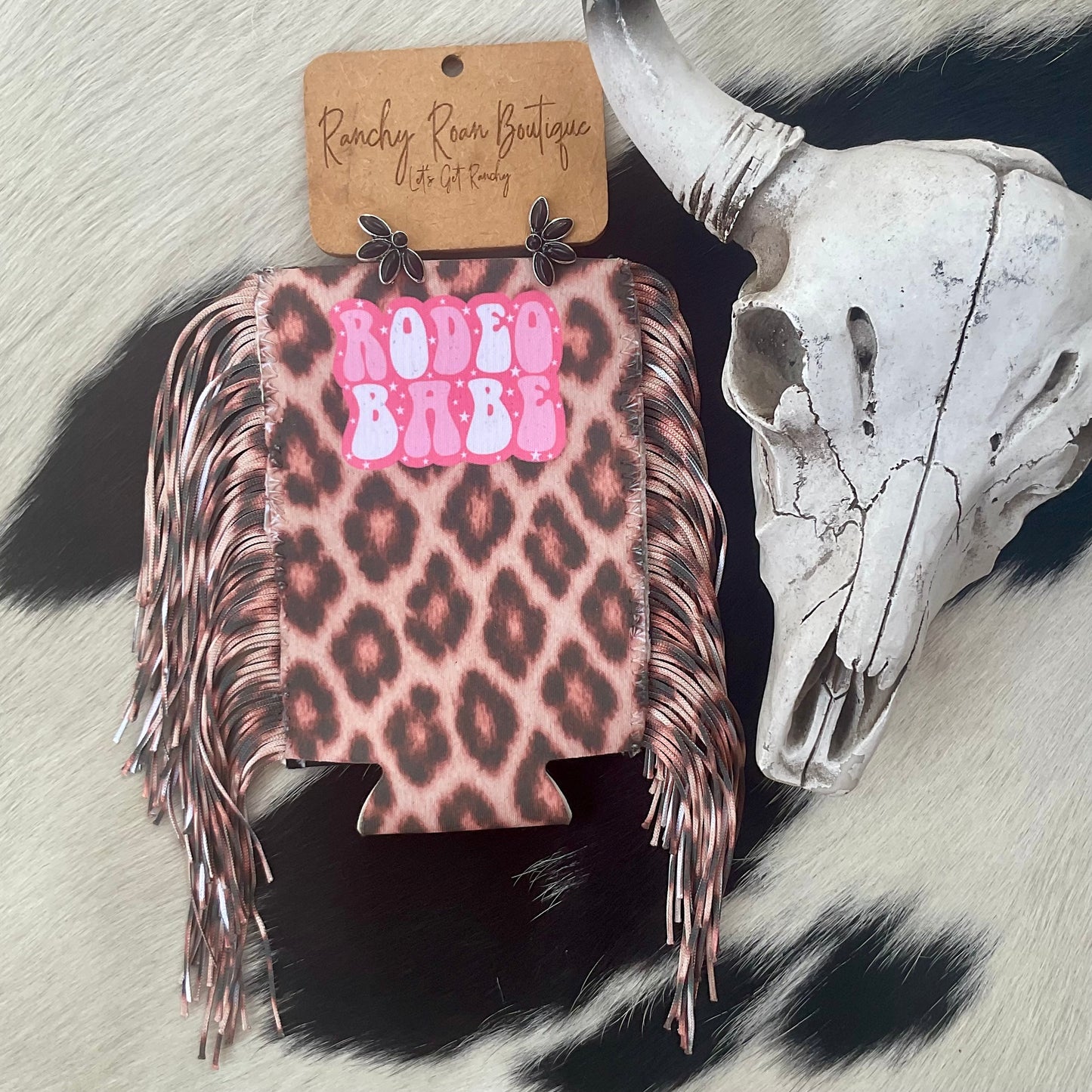 Rodeo Babe Leopard Fringe Koozie