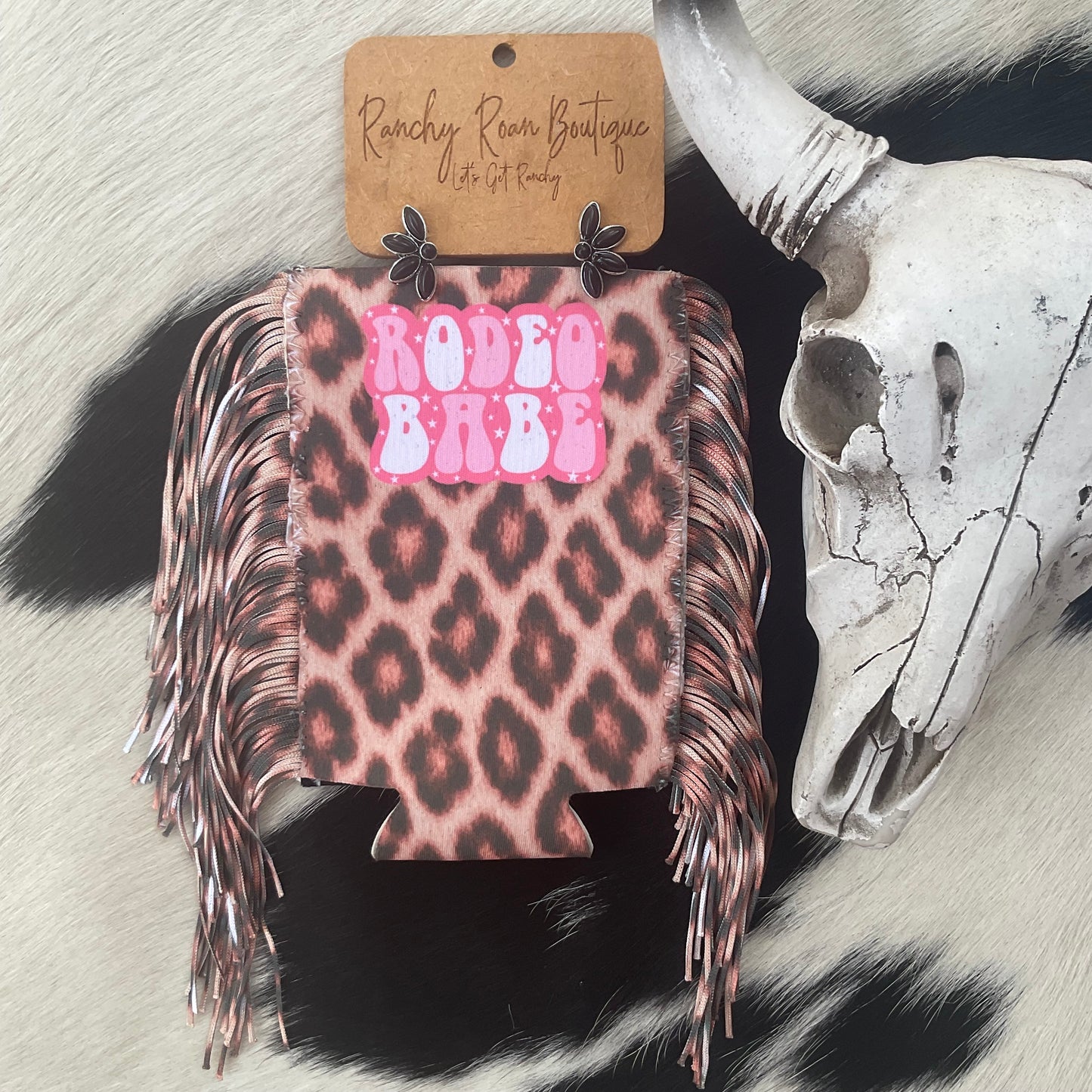 Rodeo Babe Leopard Fringe Koozie