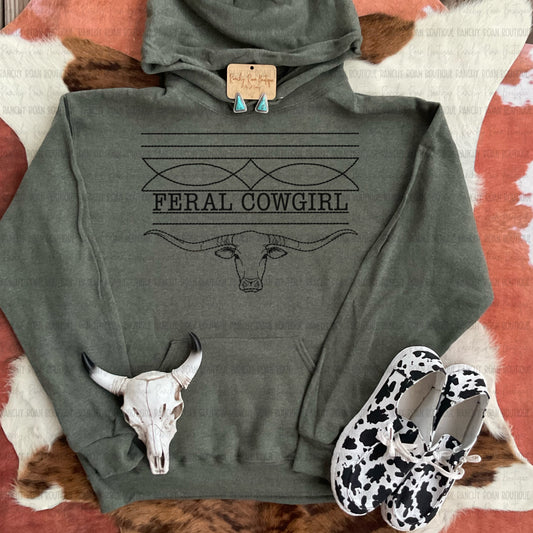 Feral Cowgirl Boot Stitch Western Longhorn Hoodie