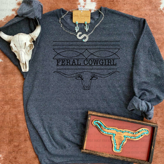 Feral Cowgirl Boot Stitch Longhorn Western Sweatshirt